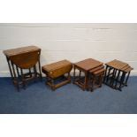 FOUR PIECES OF OAK FURNITURE to include an early 20th century slim gate leg table on turned