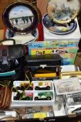 A BOX AND LOOSE SUNDRY ITEMS, CAMERAS, COLLECTORS PLATES, etc, to include Canon EOS 1000F, fitted