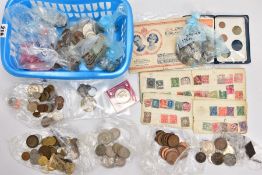 A PLASTIC TUB OF MAINLY UK 20TH CENTURY COINAGE to include a mens ring made out of a 1929 halfcrown,