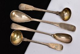 FOUR GEORGIAN SILVER CONDIMENT SPOONS, to include two Old English pattern mustard spoons, worn