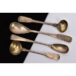 FOUR GEORGIAN SILVER CONDIMENT SPOONS, to include two Old English pattern mustard spoons, worn