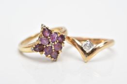 A 9CT GOLD AMETHYST AND DIAMOND CLUSTER RING AND A GOLD PLATED WISHBONE RING, the cluster of a