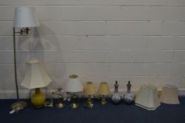 A COLLECTION OF MODERN LAMPS to include a brass uplighter, a pair of house of Fraser table lamps,