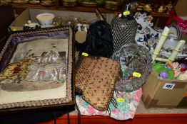 TWO BOXES AND LOOSE CERAMICS, GLASS, HANDBAGS, ETC, to include a Victorian fashion plate, in a