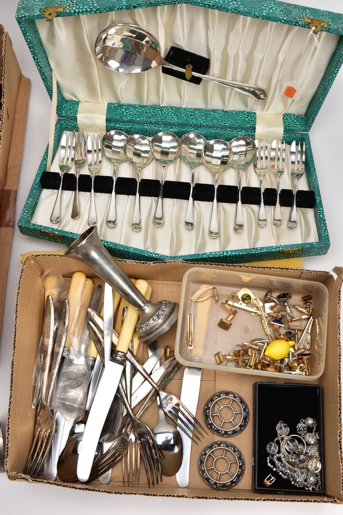 TWO BOXES OF COSTUME JEWELLERY, CUTLERY AND OTHER MISCELLANEOUS ITEMS, to include two silver - Image 2 of 6