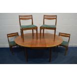 A MID 20TH CENTURY TEAK CIRCULAR EXTENDING DINING TABLE, with a single fold out leaf, on rectangular