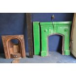 TWO VICTORIAN CAST IRON FIRE INSERTS the first is overpainted green with original mantel piece a