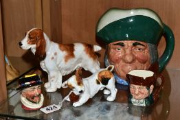 FIVE ROYAL DOULTON ITEMS, comprising two dogs 'Character Dog with Ball' HN1103 (chip to one paw) and