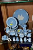 A COLLECTION OF WEDGWOOD PALE BLUE JASPERWARE INCLUDING MINIATURE PIECES, comprising miniature tea
