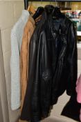 A QUANTITY OF MENS CLOTHING IN THREE BOXES AND LOOSE to include two black M & S leather jackets,