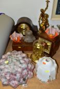 A GROUP OF CLOCKS, LAMP SHADES, ETC, to include a dome topped mantle clock, an Art Deco mantle