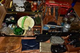 THREE BOXES AND LOOSE CERAMICS, GLASS, HANDBAGS/PURSES, SUNDRY ITEMS, ETC, to include modern