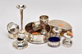 A BOX OF ASSORTED SILVER ITEMS, to include three napkin rings of various designs, all with