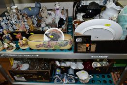 FOUR BOXES AND LOOSE OF CERAMICS, including a Prinknash pottery jug and bulbous vase, three