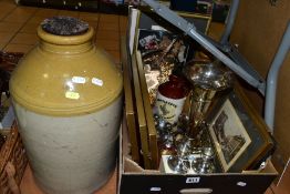 A BOX AND LOOSE OF METALWARES, SILVER, STONEWARE FLAGONS, PICTURES, ETC, including a boxed pair of