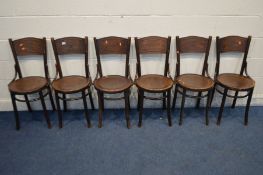 A SET OF SIX BEECH BENTWOOD STYLE CHAIRS (one chair with loose seat pad)