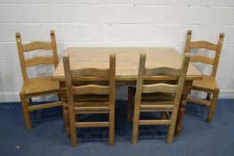 A SET OF FOUR SOLID BEECH CHAIRS together with a pine table on turned legs and glass top, length