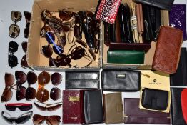 TWO BOXES OF ASSORTED SUNGLASSES AND PURSES, the sunglasses of various designs and shades, purses,