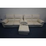 A PAIR OF CREAM LEATHER TWO SEATER SETTEES and a matching pouffe (no feet on pouffe) (3)