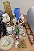 A GROUP OF MISCELLANEOUS CERAMICS, METALWARES, GLASS, ETC, including vases, jars and covers, spill