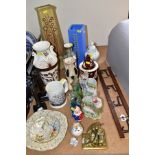 A GROUP OF MISCELLANEOUS CERAMICS, METALWARES, GLASS, ETC, including vases, jars and covers, spill