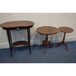 AN EDWARDIAN MAHOGANY AND STRUNG INLAID KIDNEY SHAPED OCCASSIONAL TABLE WITH UNDER TIER, width