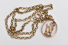 A 9CT GOLD PENDANT NECKLACE, the pendant of an oval openwork St Christopher, hammer effect surround,