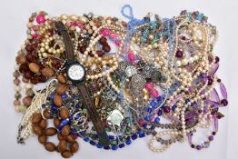 A BAG OF ASSORTED COSTUME JEWELLERY, to include imitation pearl necklaces, beaded necklaces,