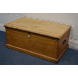 A VICTORIAN PINE BLANKET BOX, fitted with iron hinges, width 88cm x depth 50cm x height 38cm (