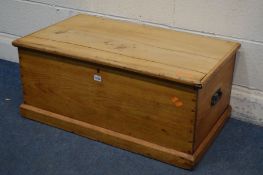 A VICTORIAN PINE BLANKET BOX, fitted with iron hinges, width 88cm x depth 50cm x height 38cm (