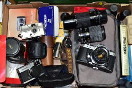 A BOX OF CAMERAS AND ACCESSORIES, to include an ASAHI Pentax KM film SLR fitted with an SMC 55mm