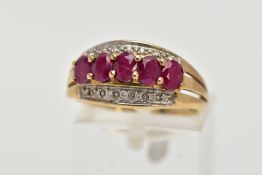 A 9CT GOLD RUBY AND DIAMOND RING, of a half hoop design, set with a row of five raised, oval cut