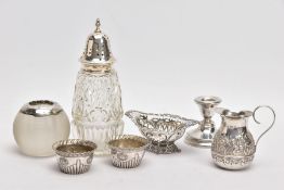 A SELECTION OF SILVER ITEMS, to include a cut glass silver lidded sugar caster, hallmarked