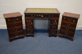 A MODERN MAHOGANY PEDESTAL DESK, with tooled green leather insert, width 92cm x width 47cm x