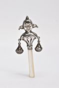 AN AMERICAN STERLING SILVER NOVELTY BABY'S TEETHER modelled as a court jester complete with bells