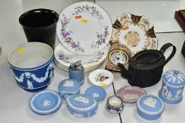 CERAMICS to include blue jasper ware trinkets, etc, Wedgwood Clio clock, black basalt teapot with