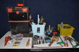 A TWO PART ROLLING PLASTIC TOOLBOX and three trays containing hand tools including mallets, hammers,