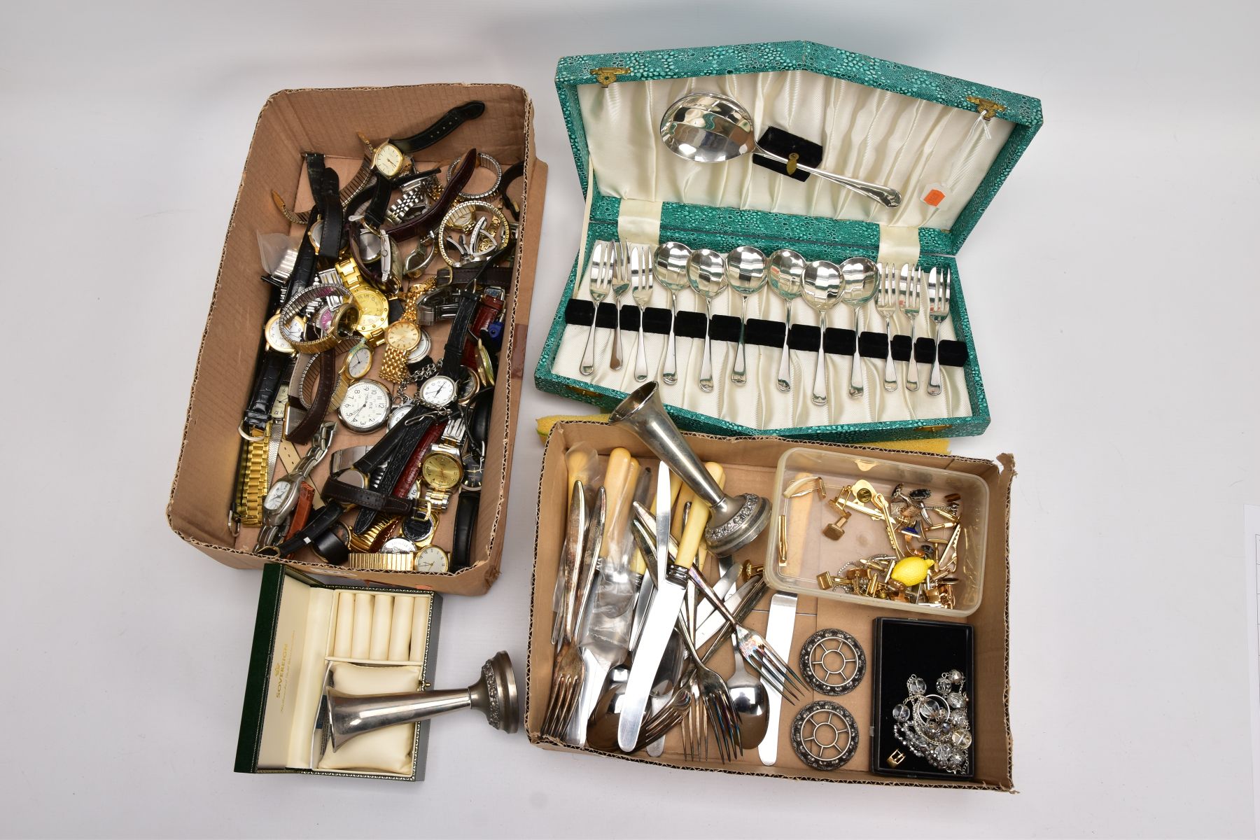 TWO BOXES OF COSTUME JEWELLERY, CUTLERY AND OTHER MISCELLANEOUS ITEMS, to include two silver