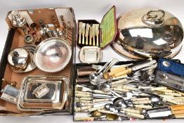 TWO BOXES OF ASSORTED WHITE METALWARE, to include a silver oval trinket box set with a bear,