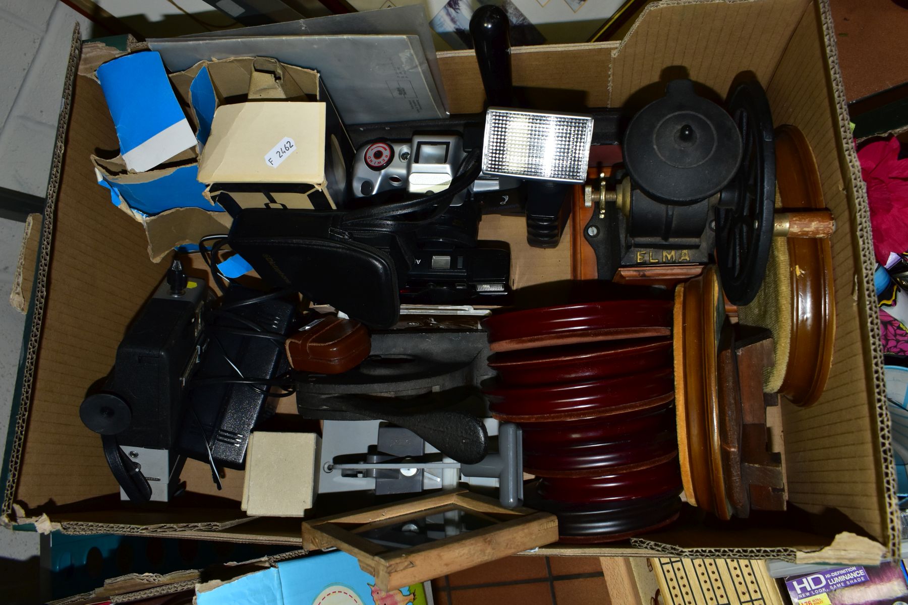 THREE BOXES AND LOOSE SUNDRY ITEMS, to include a cast iron coffee grinder, a quantity of lens hoods, - Image 5 of 5