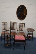 A SET OF THREE EDWARDIAN MAHOGANY AND STRUNG HIGH BACK CHAIRS including one carver, an Edwardian