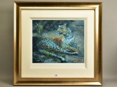 ROLF HARRIS (AUSTRALIAN 1930) 'LEOPARD RECLINING AT DUSK' a limited edition print 52/195, signed