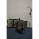 A WROUGHT IRON STANDARD LAMP, along with a coopered and iron banded barrel style log bucket, and