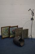 A WROUGHT IRON STANDARD LAMP, along with a coopered and iron banded barrel style log bucket, and