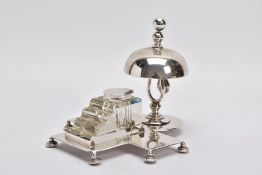 AN EDWARDIAN SILVER PLATED INKWELL AND TABLE BELL COMBINED, c.1910, bell is operational, the
