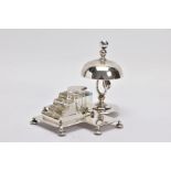 AN EDWARDIAN SILVER PLATED INKWELL AND TABLE BELL COMBINED, c.1910, bell is operational, the