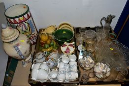 TWO BOXES AND LOOSE CERAMICS AND GLASS, to include three Palissy 'Casual Tableware' tea cups and