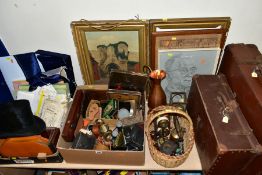 TWO BOXES AND LOOSE MISCELLANEOUS ITEMS, PICTURES etc, to include a Lincoln Bennett black silk top
