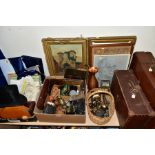 TWO BOXES AND LOOSE MISCELLANEOUS ITEMS, PICTURES etc, to include a Lincoln Bennett black silk top