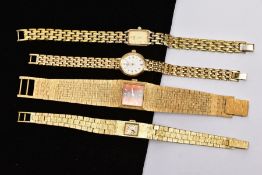 FOUR GOLD PLATED LADIES ROTARY WRISTWATCHES, the first an elongated hand would watch brushed
